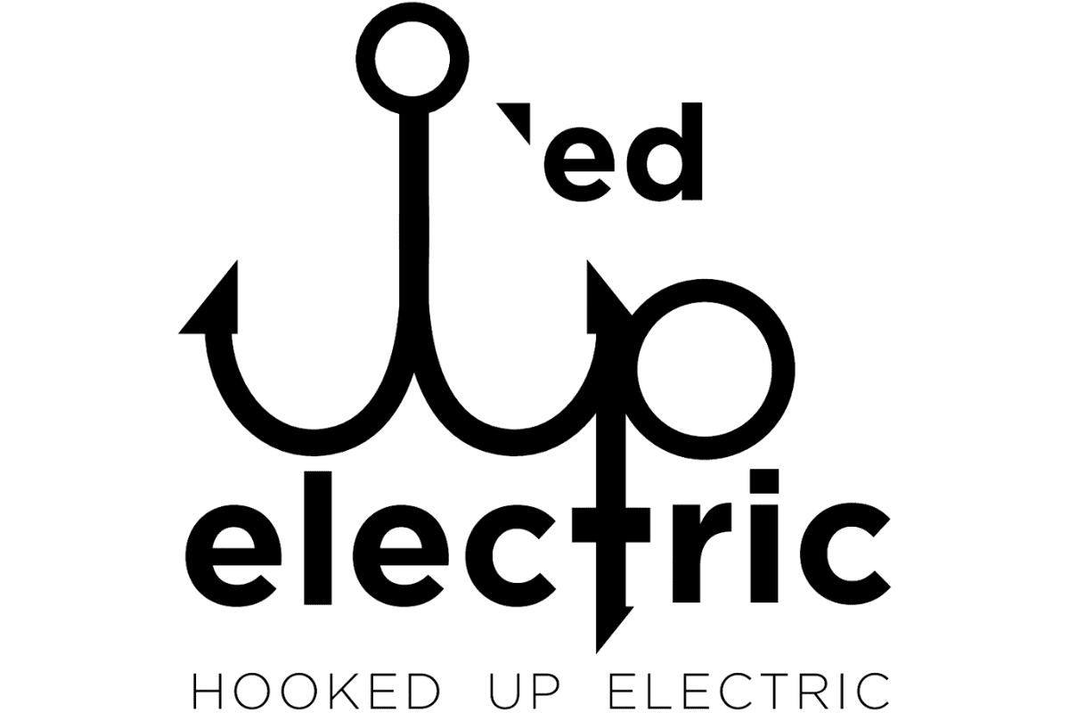 The image shows a logo with the text "hooked up electric" where the letters "ed" and "tric" create a fishing hook design. The words "HOOKED UP ELECTRIC, Taylor County TX" are written below the hook design. Perfectly symbolizing premium electrical services, the logo is black on a transparent background.