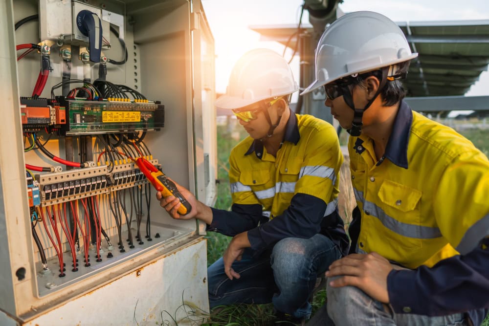 Two engineers wearing yellow safety uniforms and white hard hats are inspecting an electrical control panel outdoors. They are using measuring instruments to check the wiring. Solar panels are visible in the background, suggesting a project by an electrical contractor in Taylor County.