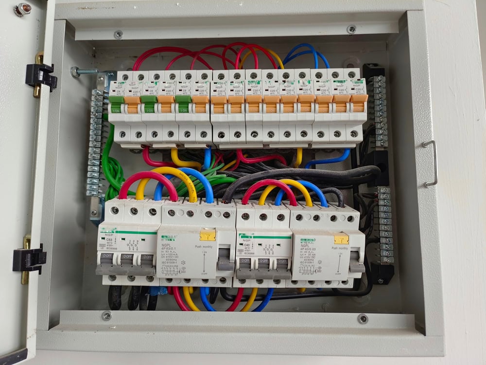 a close up of a circuit breaker panel. Learn more about circuit breaker panel upgrades in Taylor County, TX