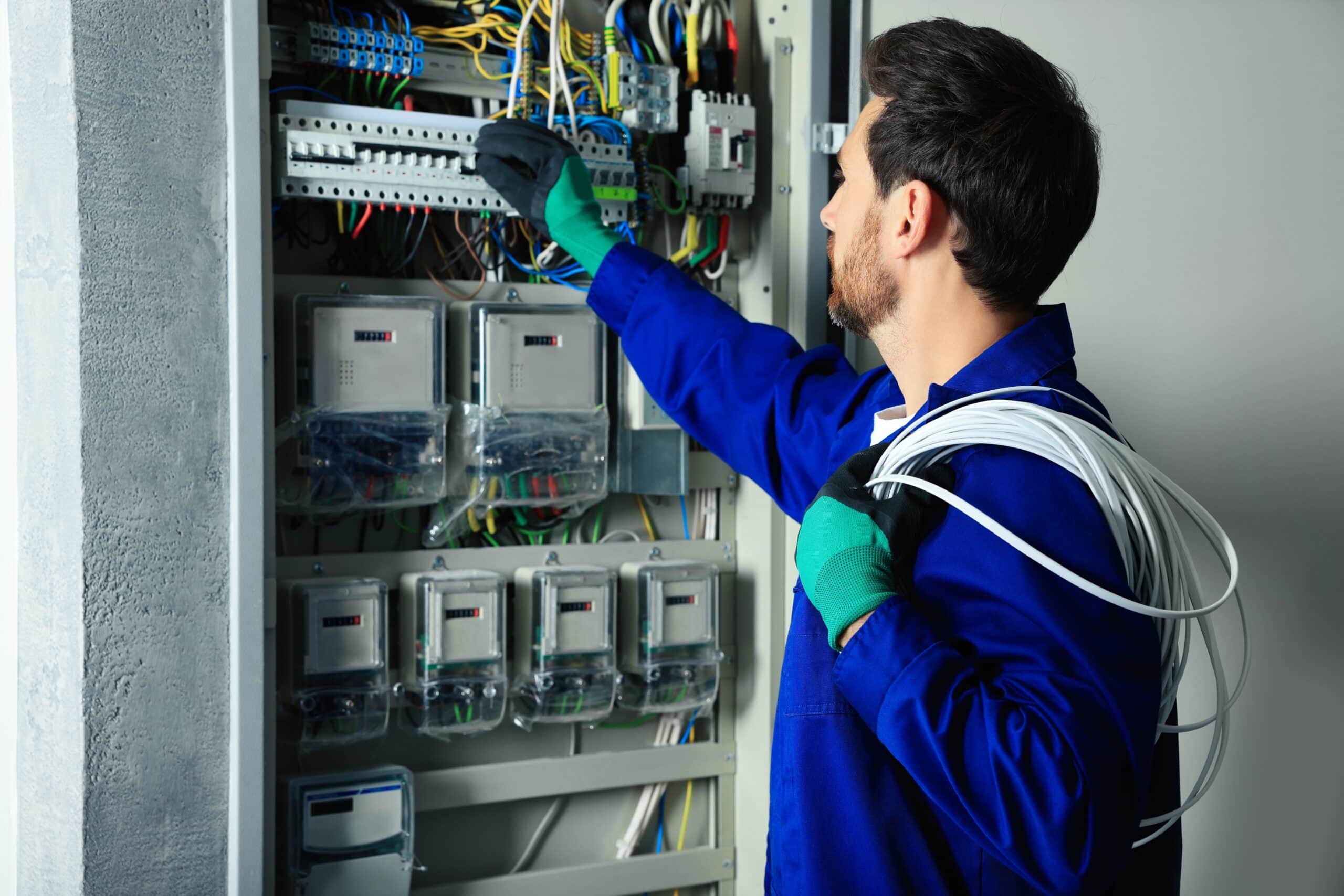 An Electrician in Taylor County, wearing a blue uniform and green gloves, is working with electrical equipment. He is holding several wires over his shoulder and inspecting a panel filled with various cables and devices. Several meters or gauges are mounted on the panel.