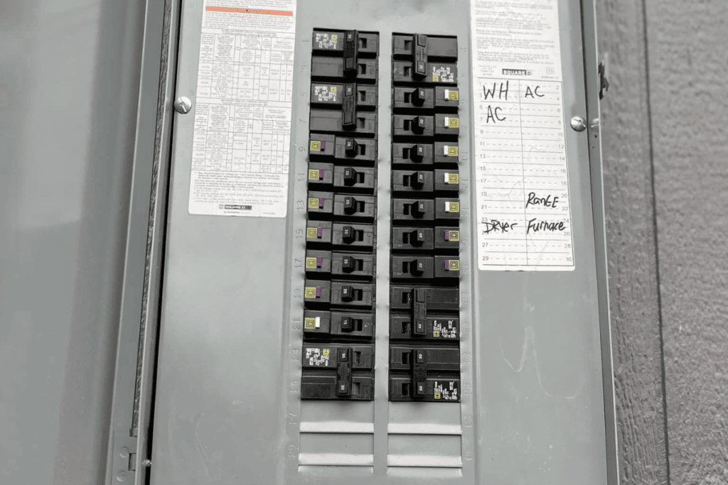 An electrical breaker panel with multiple circuit switches, expertly organized by electricians, is labeled for various appliances and rooms, including WH, AC, Range, Dryer, and Furnace. A handy list is taped on the door for quick reference.