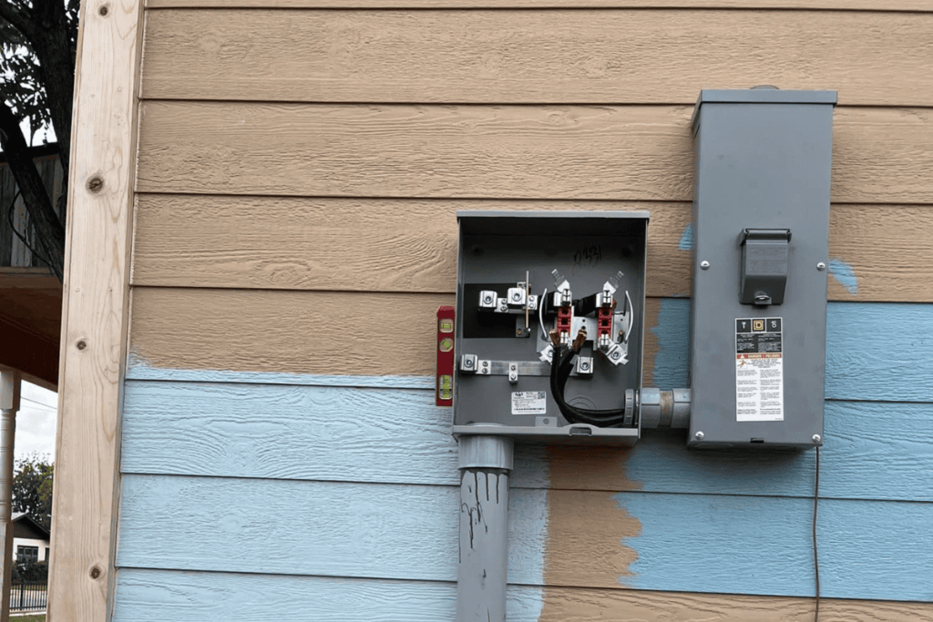 An electrical meter box sits on a wooden wall, its cover removed to reveal intricate components. Electricians would appreciate the vertical panels painted in tan and light blue, with some areas showing a blue transformation in progress.