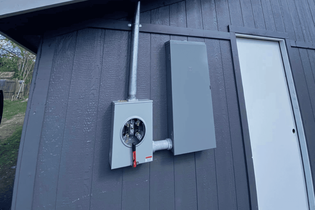 A gray electrical panel and meter box, expertly installed by electricians, are mounted on the exterior of a dark brown wooden building. The panel has a conduit pipe leading to another box. A white door is partially visible to the right, with trees and a fence in the background.