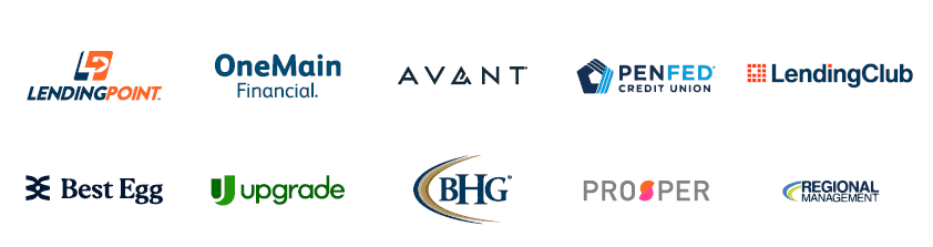 Logos of various financial companies, including LendingPoint, OneMain Financial, Avant, PenFed Credit Union, LendingClub, Best Egg, Upgrade, BHG, Prosper, and Regional Management, are arranged in two rows.